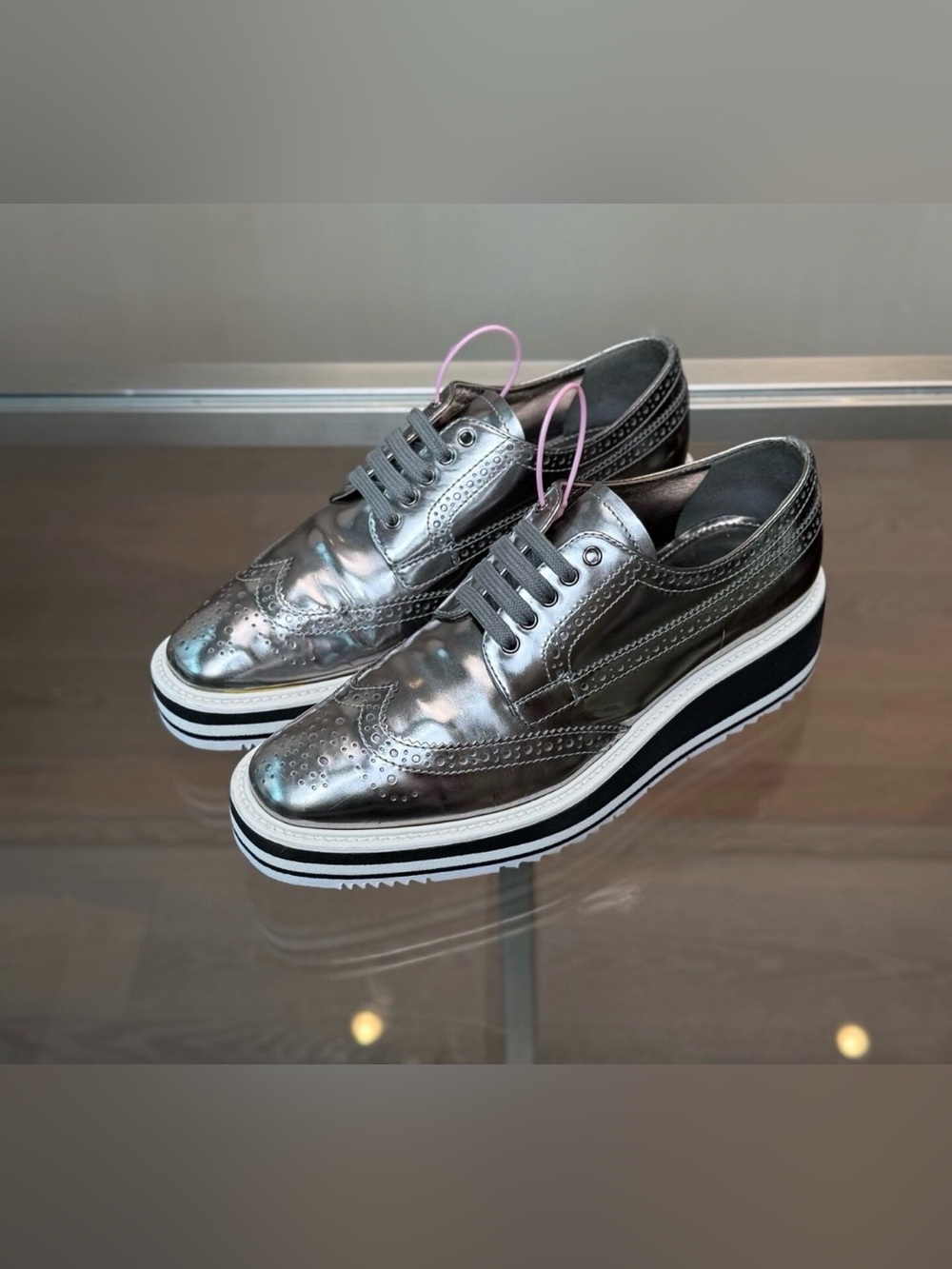 Prada Metallic Silver Wingtip Platform Oxfords - Men